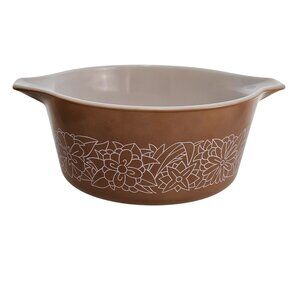Pyrex Woodland Brown Casserole Dish 1.5qt Corelle  Corning white outlined flower
